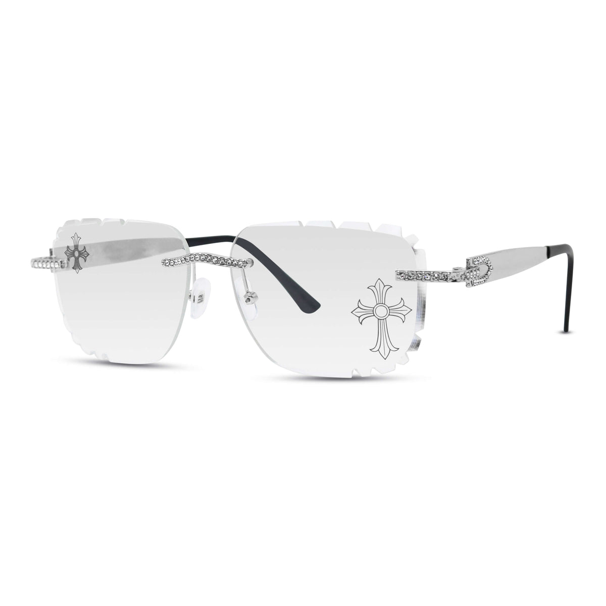 Iced Out Double Cross Sunglasses - Clear Lens, Black