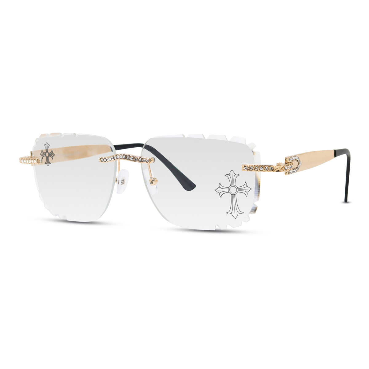 Iced Out Double Cross Sunglasses - Clear Lens, Black