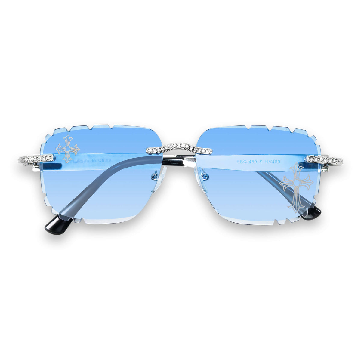 Iced Out Double Cross Sunglasses - Blue Lens