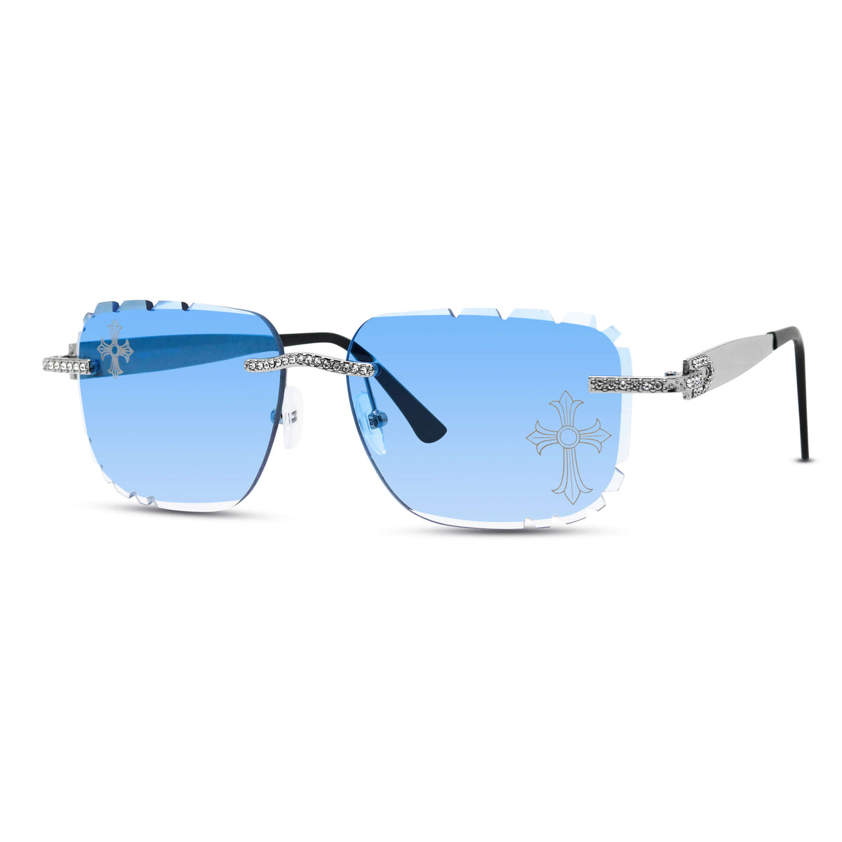 Iced Out Double Cross Sunglasses - Blue Lens