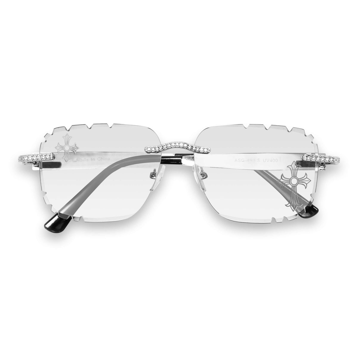Iced Out Double Cross Sunglasses - Clear Lens, Silver