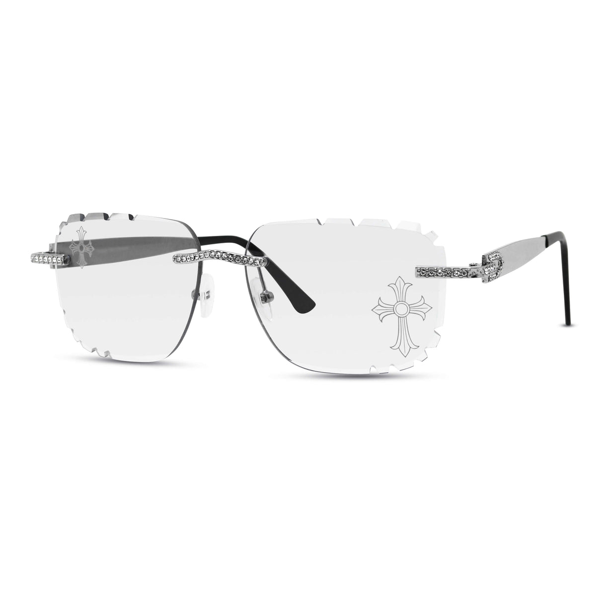 Iced Out Double Cross Sunglasses - Clear Lens, Silver