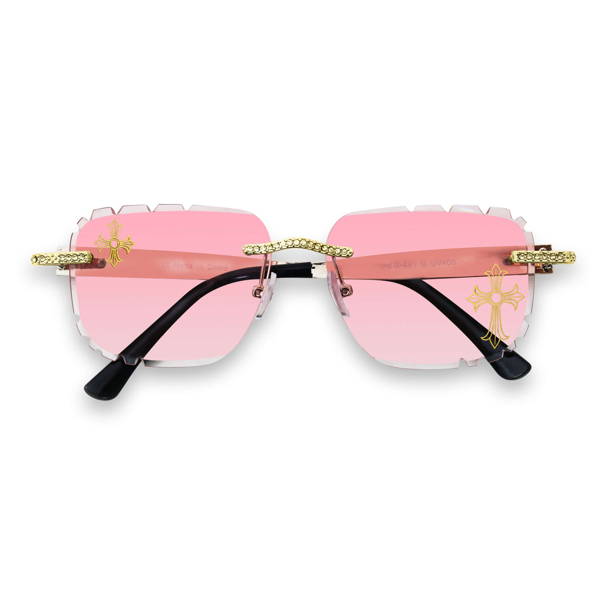 Iced Out Double Cross Sunglasses - Pink Lens
