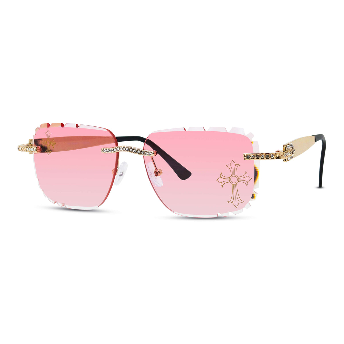 Iced Out Double Cross Sunglasses - Pink Lens