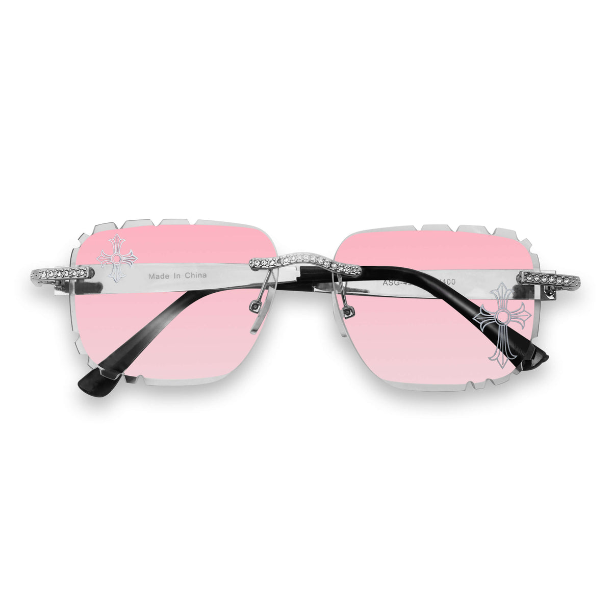 Iced Out Double Cross Sunglasses - Pink Lens