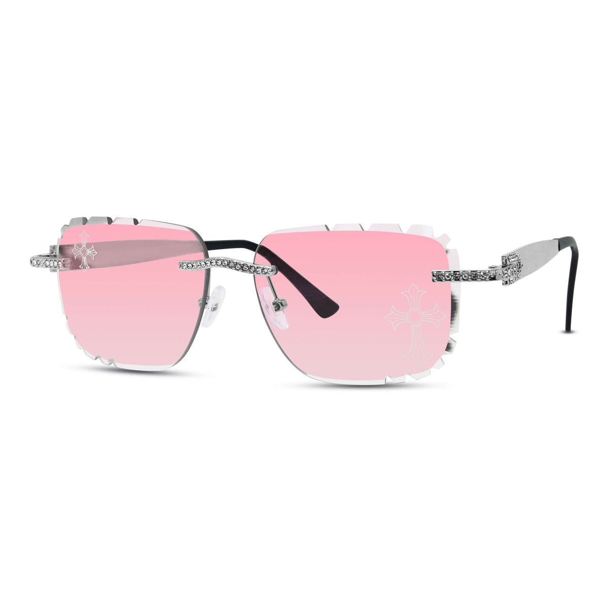 Iced Out Double Cross Sunglasses - Pink Lens