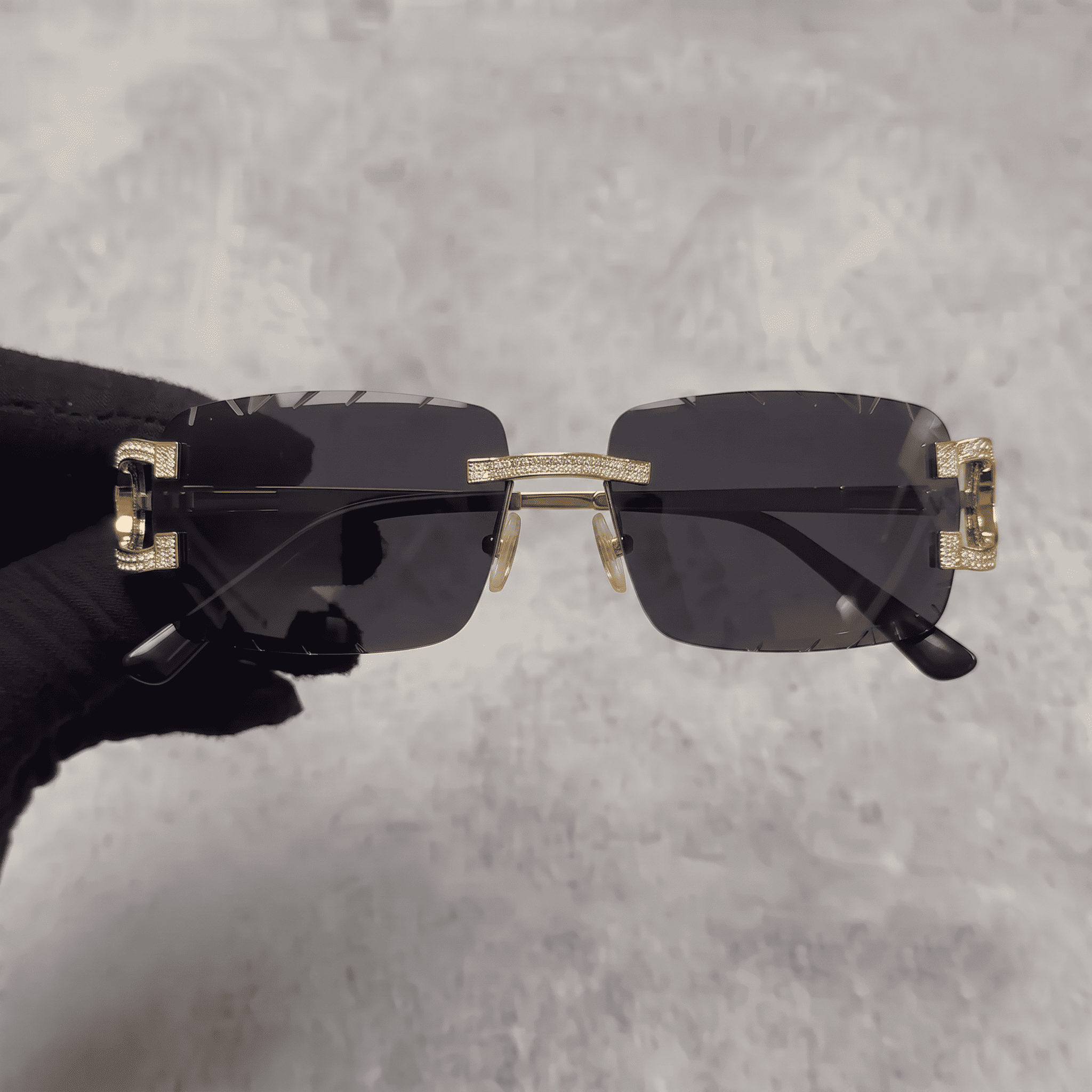 Iced Out 3.23CT Moissanite Rimless Sunglasses in Brass - Black Lens