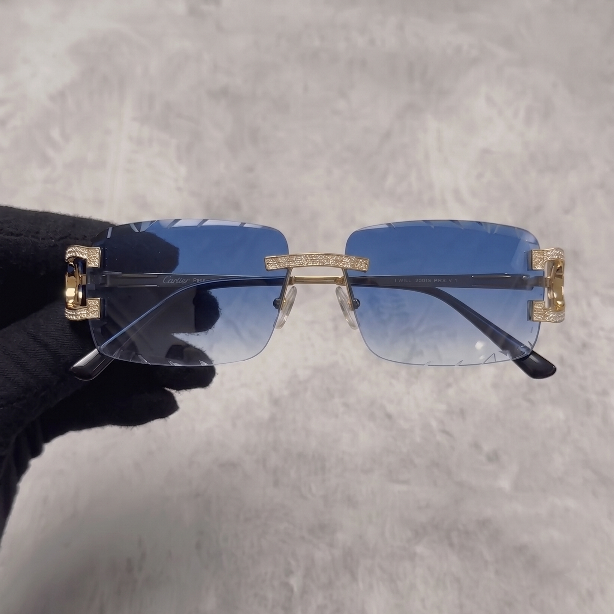 Iced Out 3.23CT Moissanite Rimless Sunglasses in Brass - Blue Lens