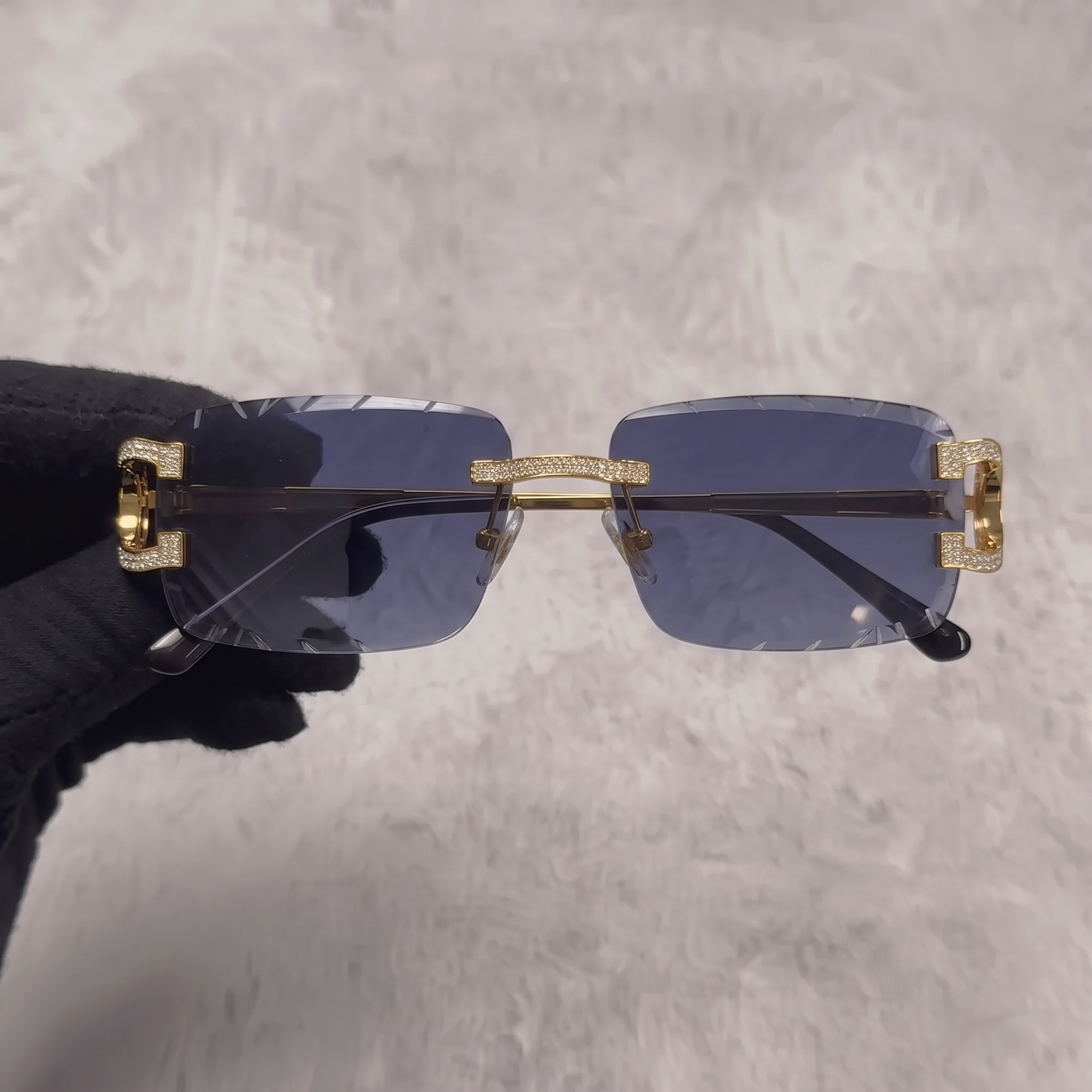 Iced Out 3.23CT Moissanite Rimless Sunglasses in Brass - Blue Lens