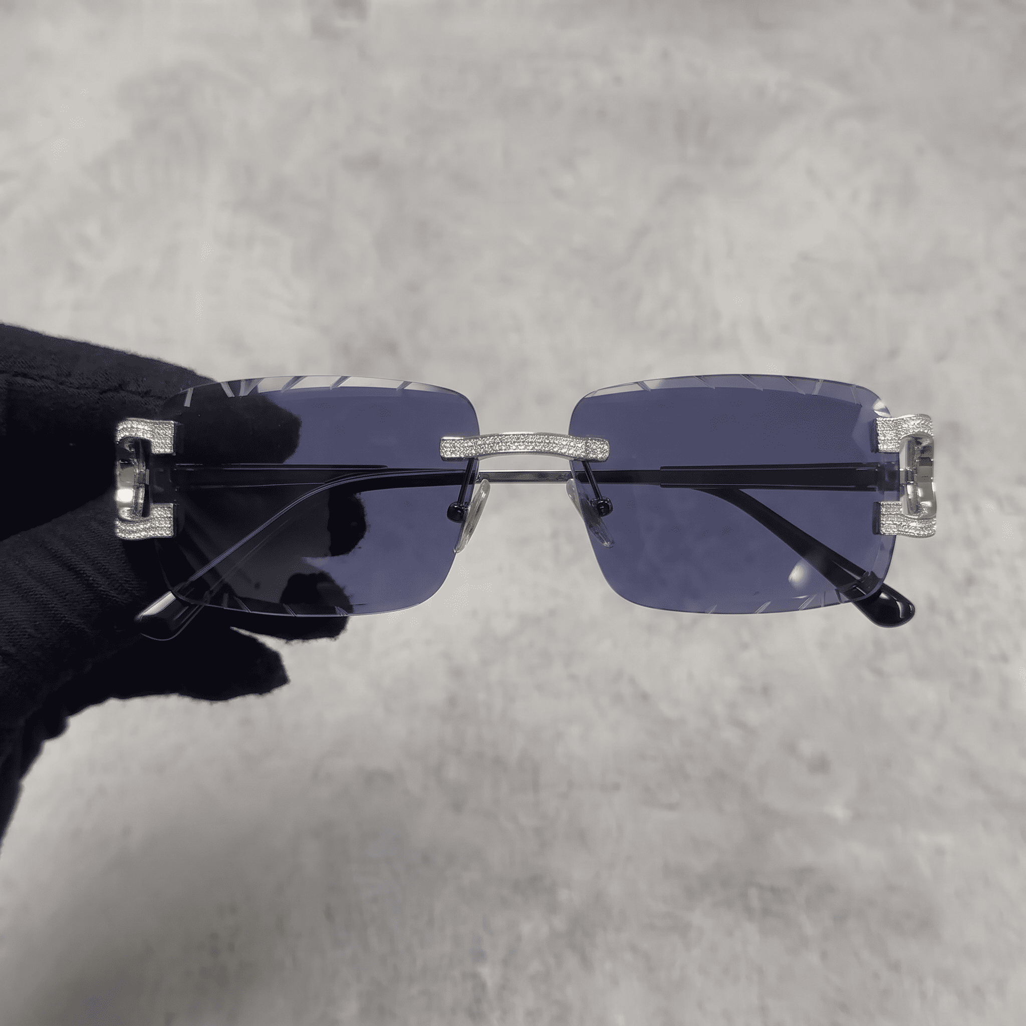 Iced Out 3.23CT Moissanite Rimless Sunglasses in Brass - Blue Lens