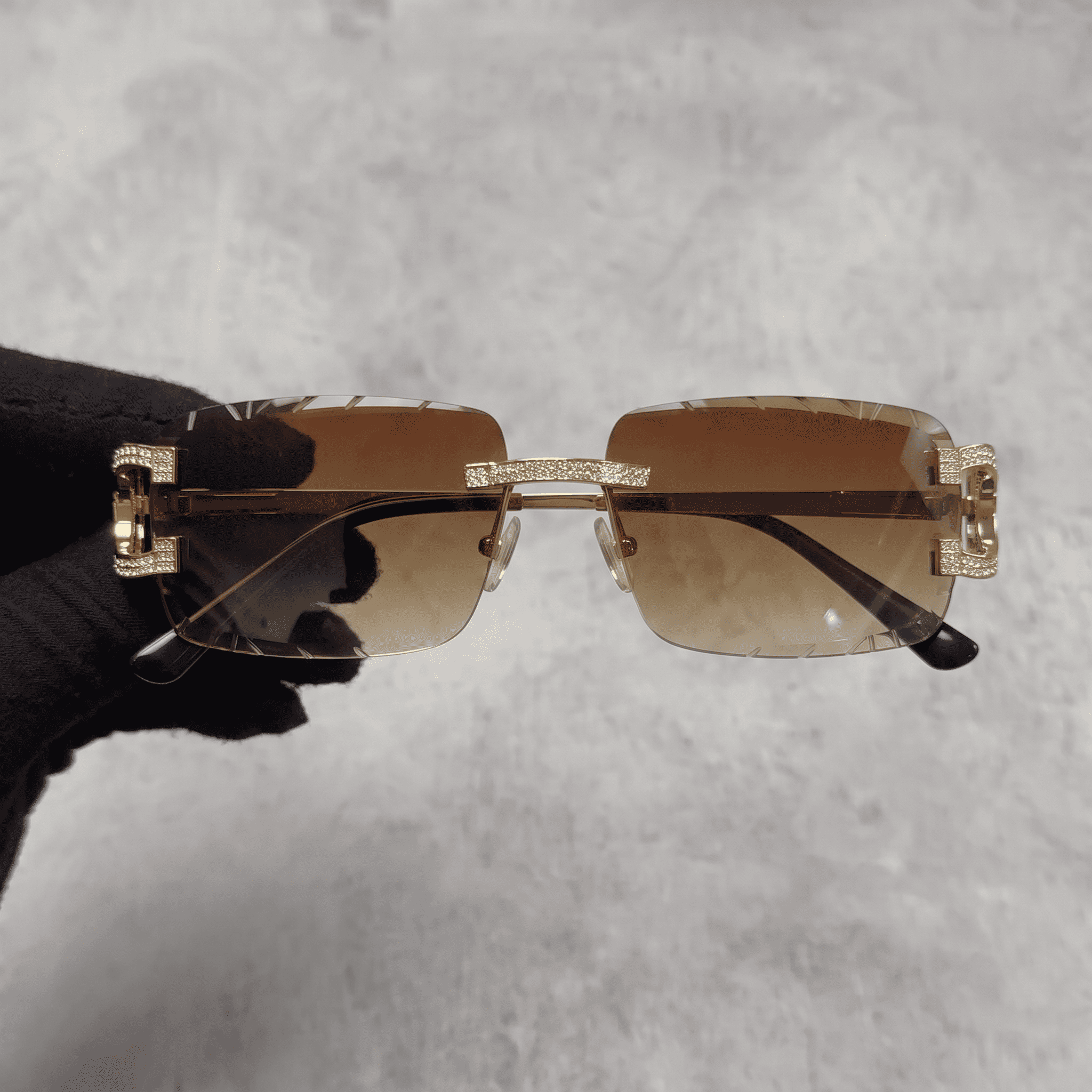 Iced Out 3.23CT Moissanite Rimless Sunglasses in Brass - Brown Lens