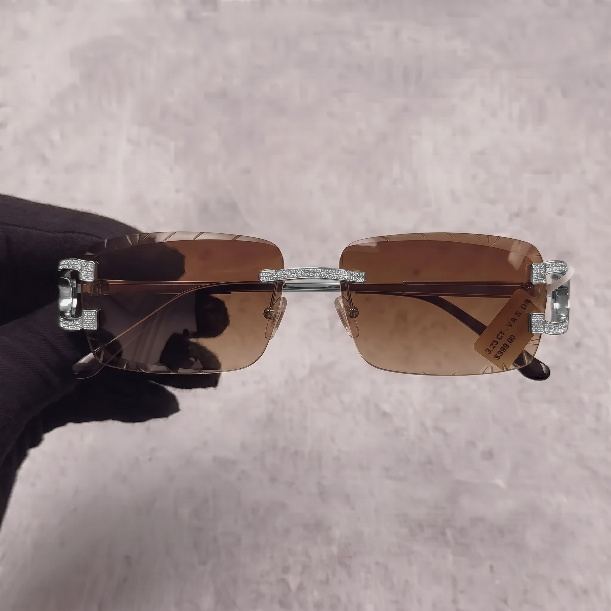 Iced Out 3.23CT Moissanite Rimless Sunglasses in Brass - Brown Lens