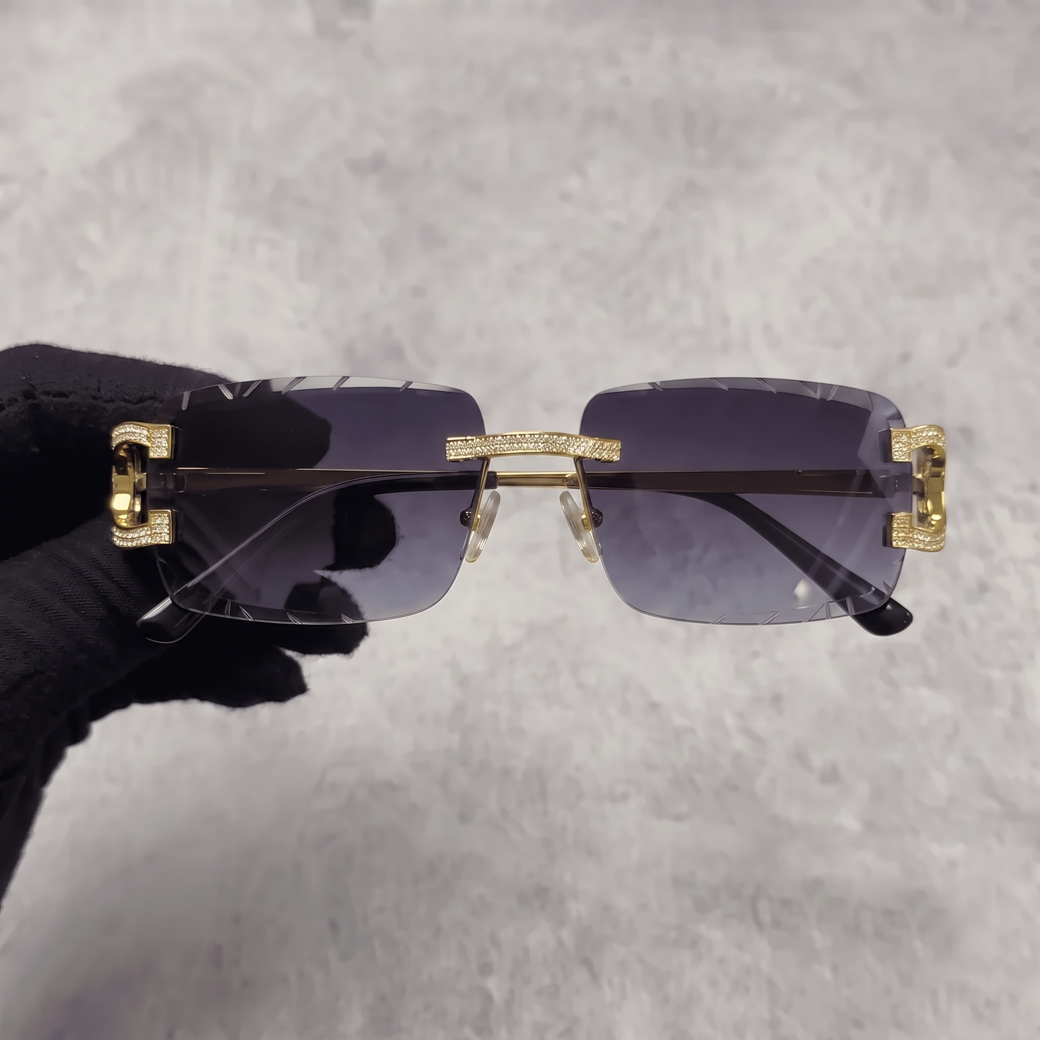 Iced Out 3.23CT Moissanite Rimless Sunglasses in Brass - Smoke Lens