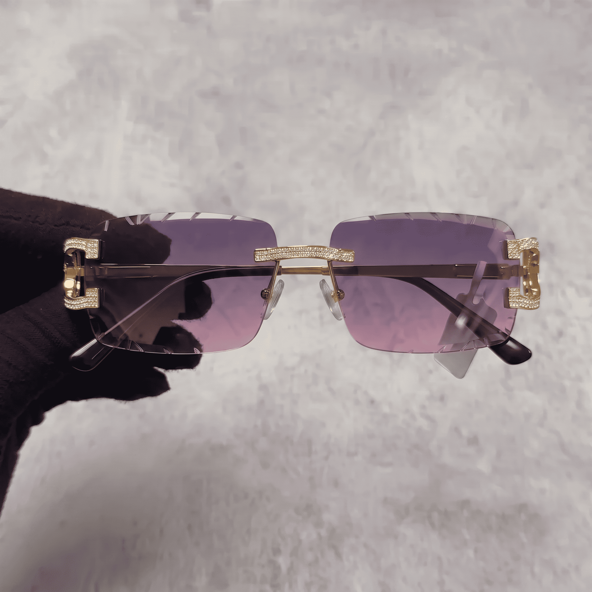 Iced Out 3.23CT Moissanite Rimless Sunglasses in Brass - Pink Lens