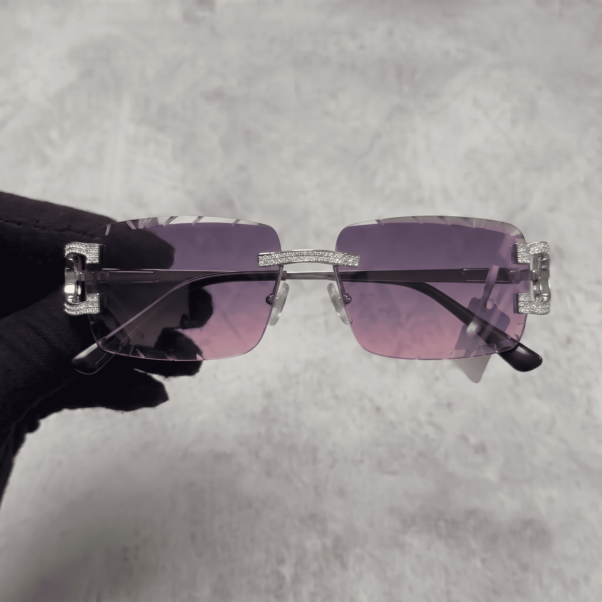 Iced Out 3.23CT Moissanite Rimless Sunglasses in Brass - Pink Lens
