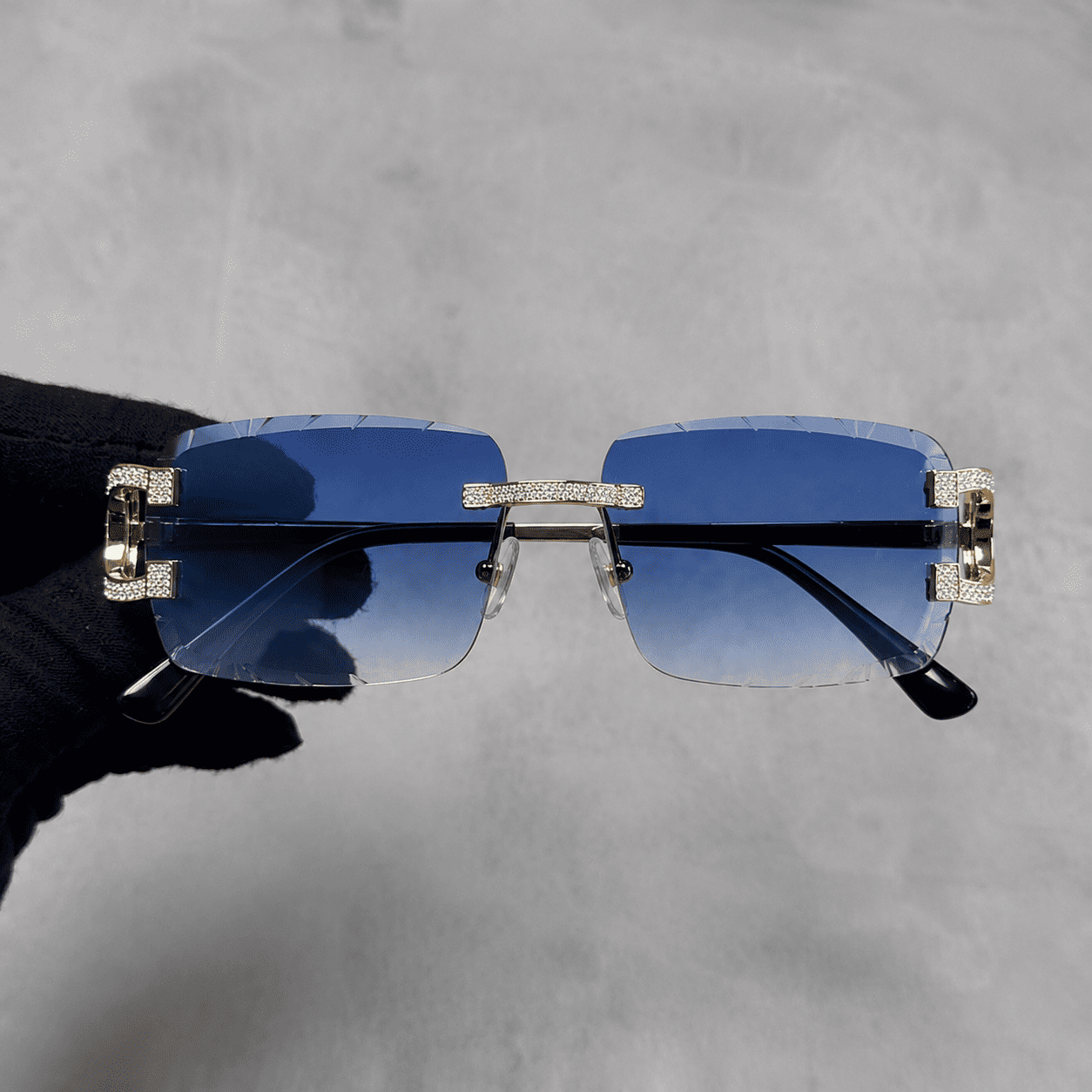 Iced Out 3.23CT Moissanite Rimless Sunglasses in Premium Sterling Silver - Blue Lens