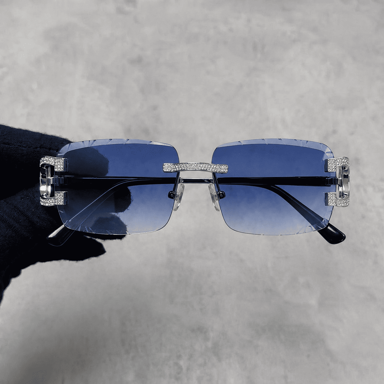 Iced Out 3.23CT Moissanite Rimless Sunglasses in Premium Sterling Silver - Blue Lens