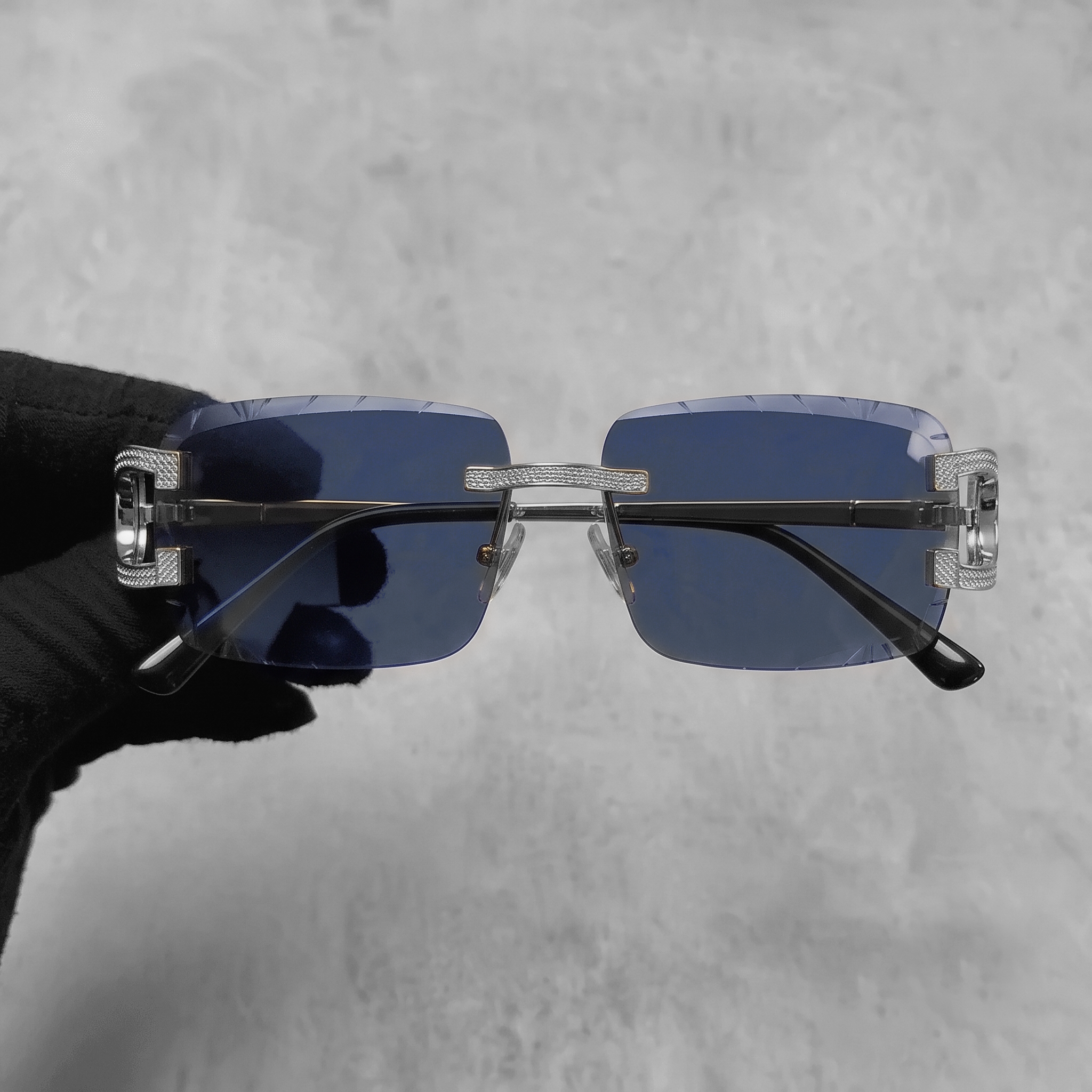 Iced Out 3.23CT Moissanite Rimless Sunglasses in Premium Sterling Silver - Blue Lens