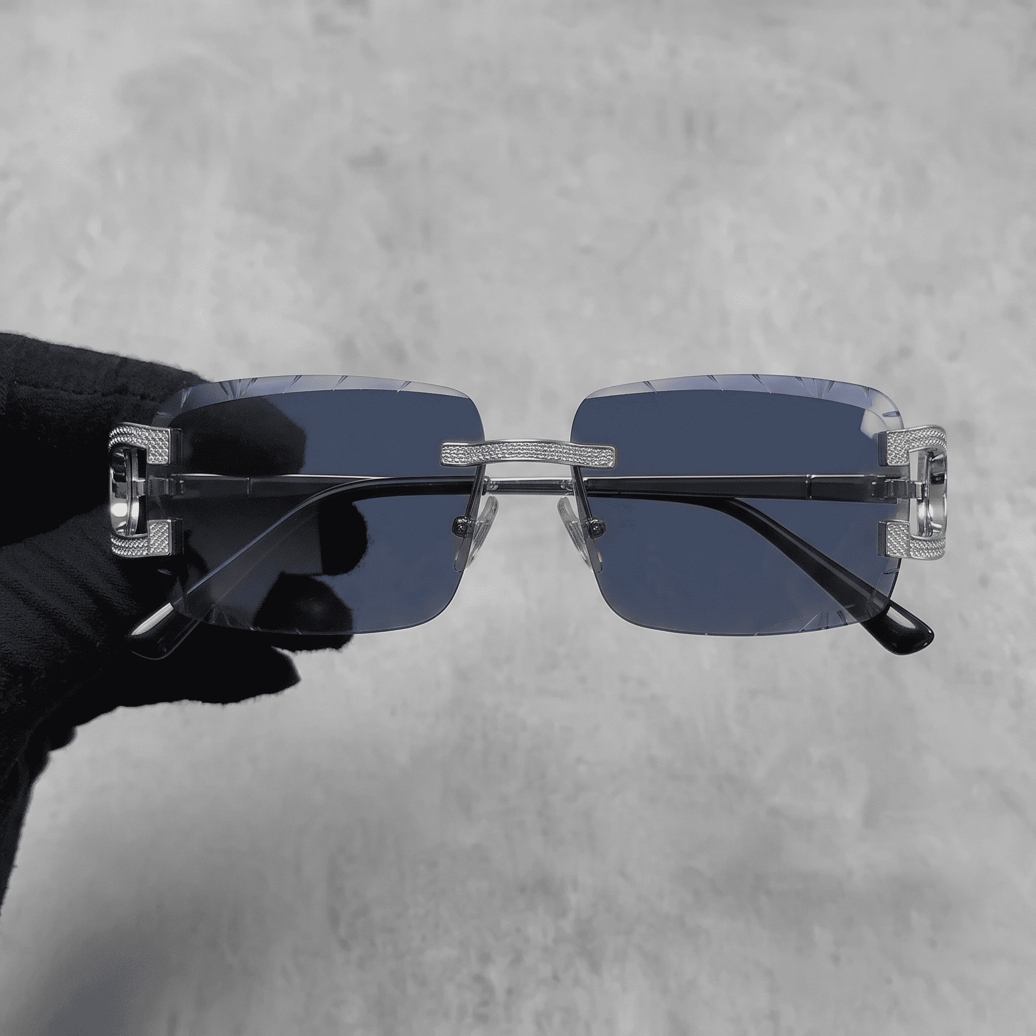 Iced Out 3.23CT Moissanite Rimless Sunglasses in Premium Sterling Silver - Blue Lens