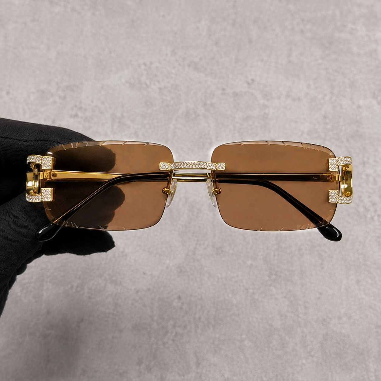 Iced Out 3.23CT Moissanite Rimless Sunglasses in Premium Sterling Silver - Brown Lens
