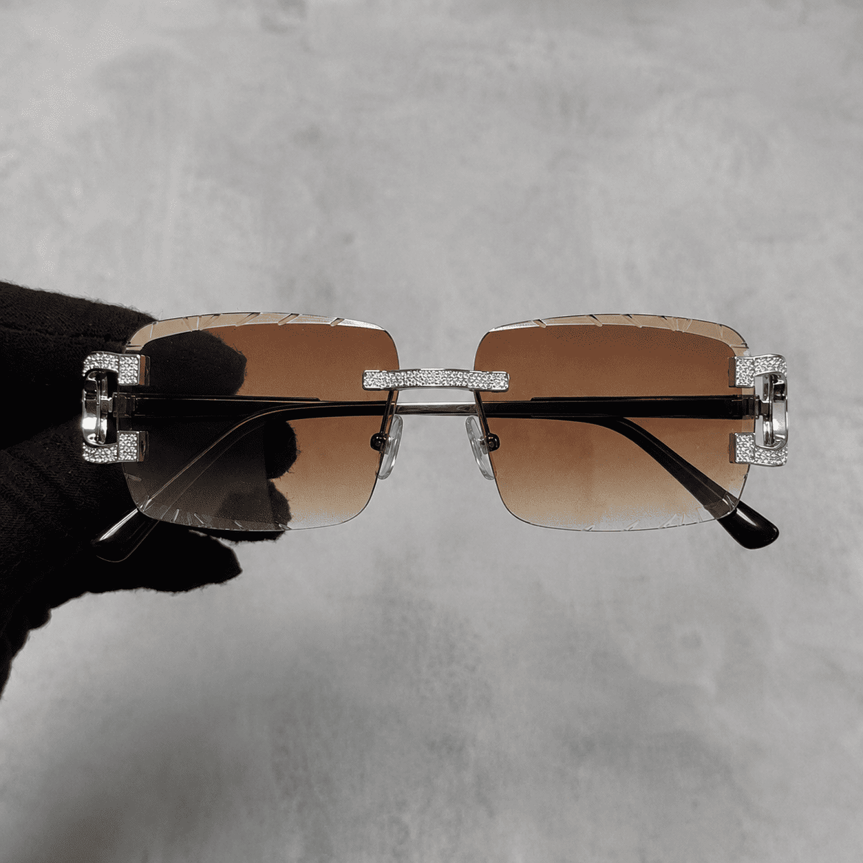 Iced Out 3.23CT Moissanite Rimless Sunglasses in Premium Sterling Silver - Brown Lens