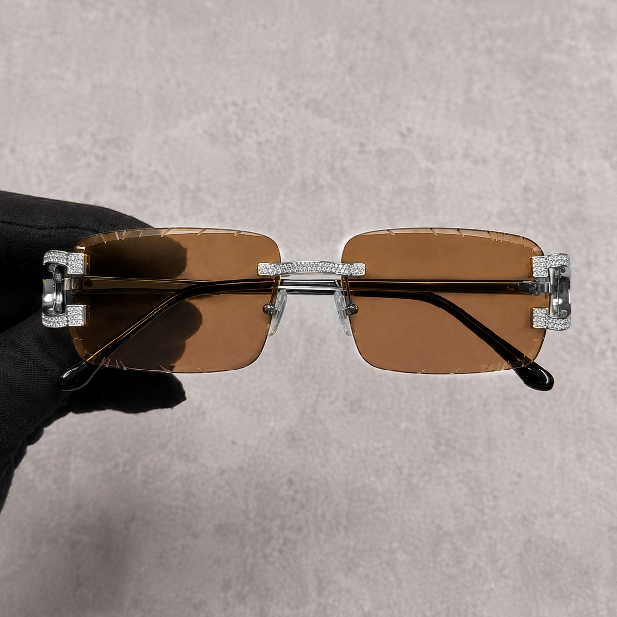 Iced Out 3.23CT Moissanite Rimless Sunglasses in Premium Sterling Silver - Brown Lens