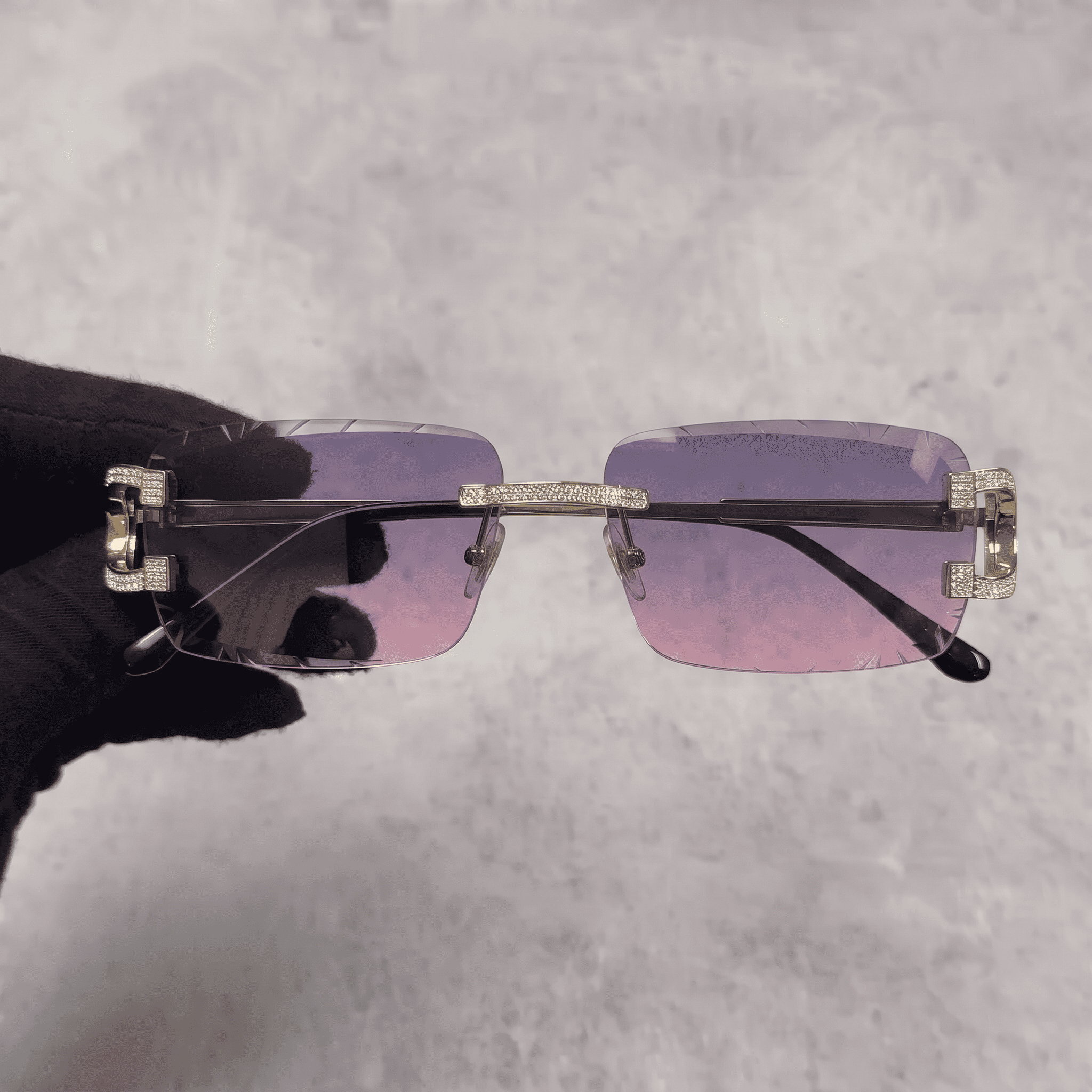 Iced Out 3.23CT Moissanite Rimless Sunglasses in Premium Sterling Silver - Pink Lens