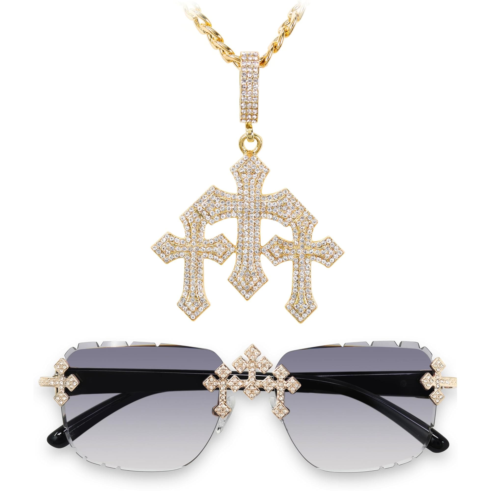 Triple Cross Iced Out Sunglass and Pendant Necklace - 2-Piece Set