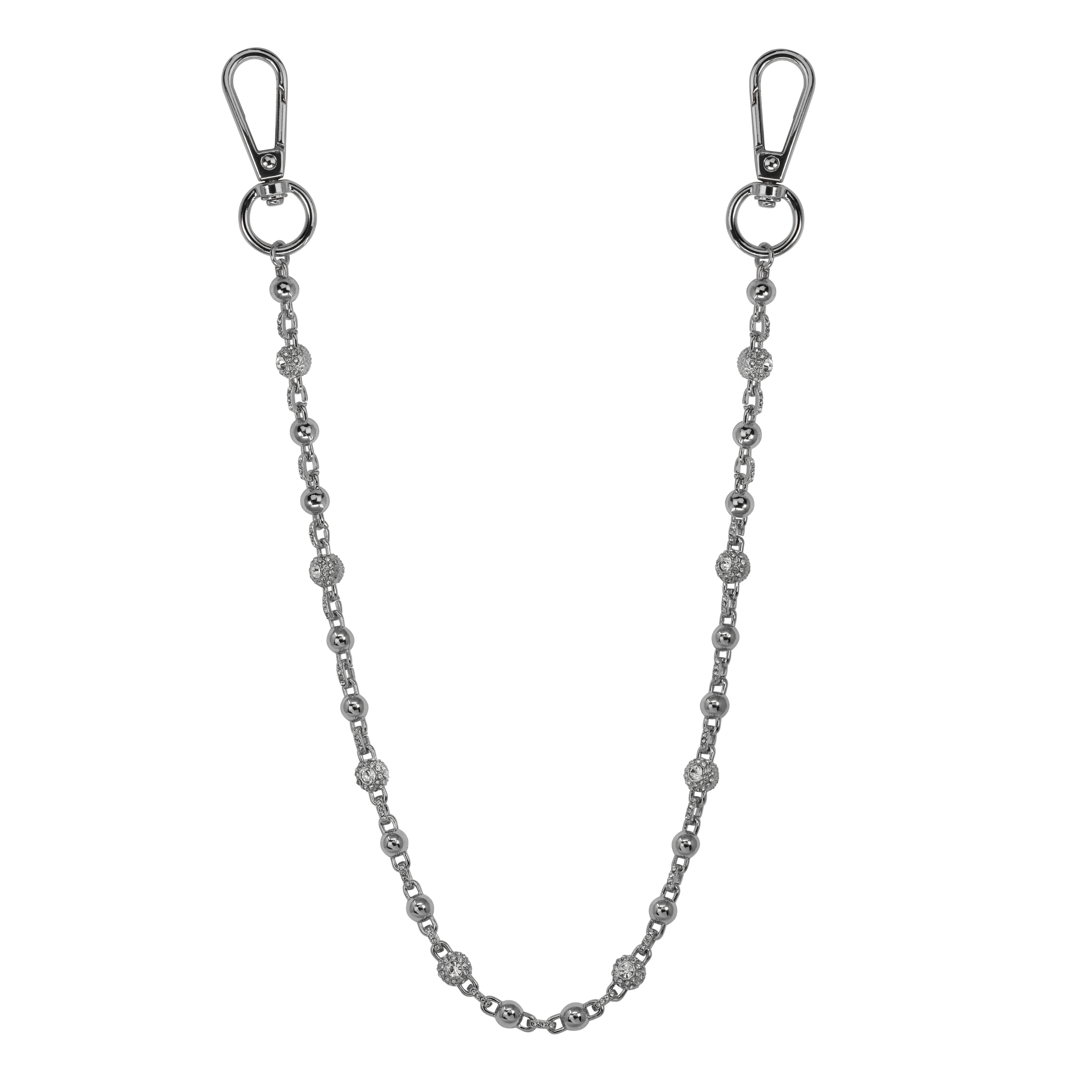 Silver Iced Out Ball Pant Chain with reflective metal beads and crystal-paved links and clip clasps.