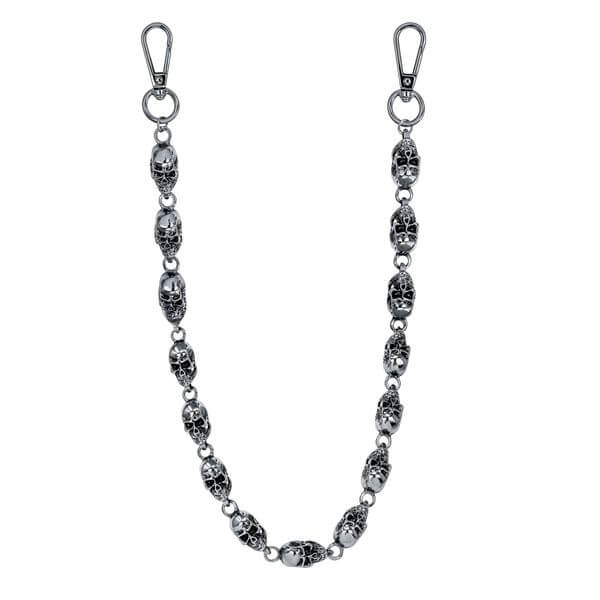 Silver 12mm Skull Link Pant Chain featuring polished skull beads and sturdy metal clip hooks.