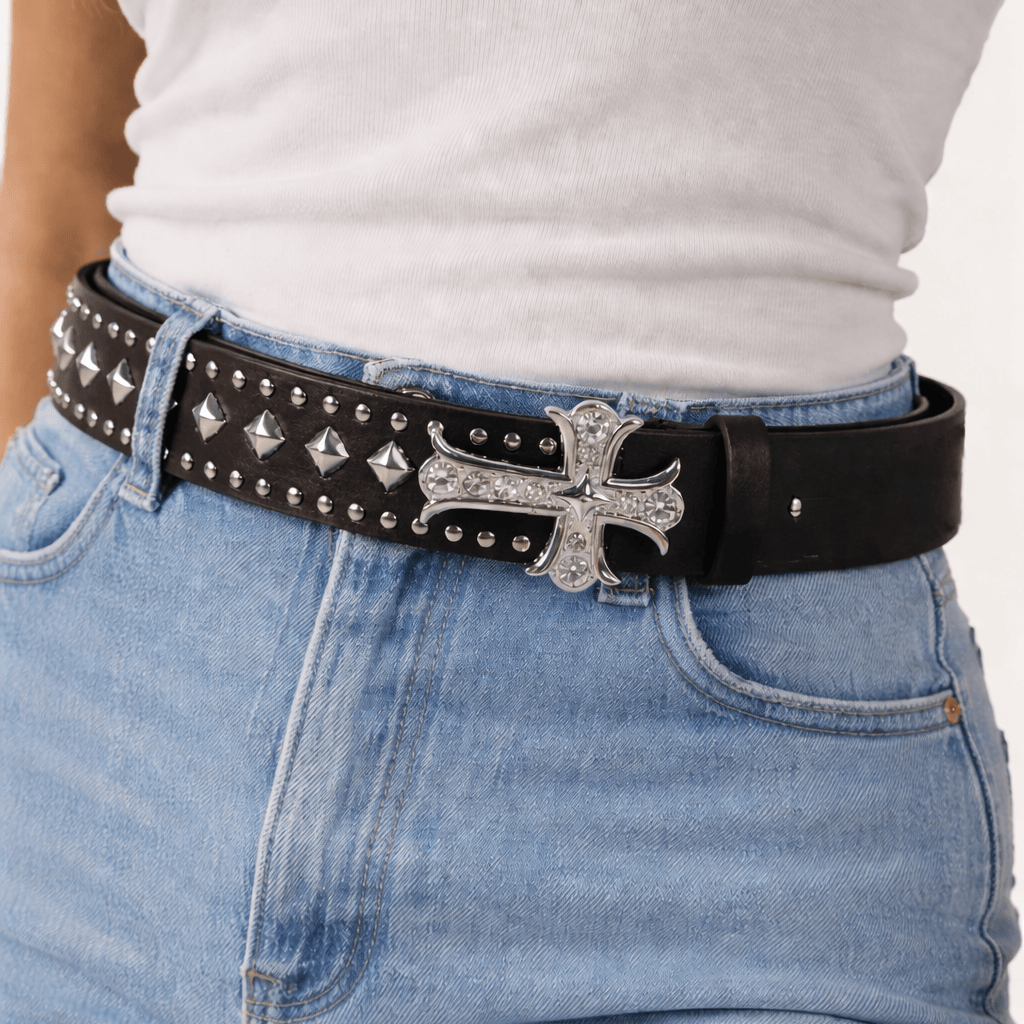 Iced Out Cross Studded Belt – Faux Leather