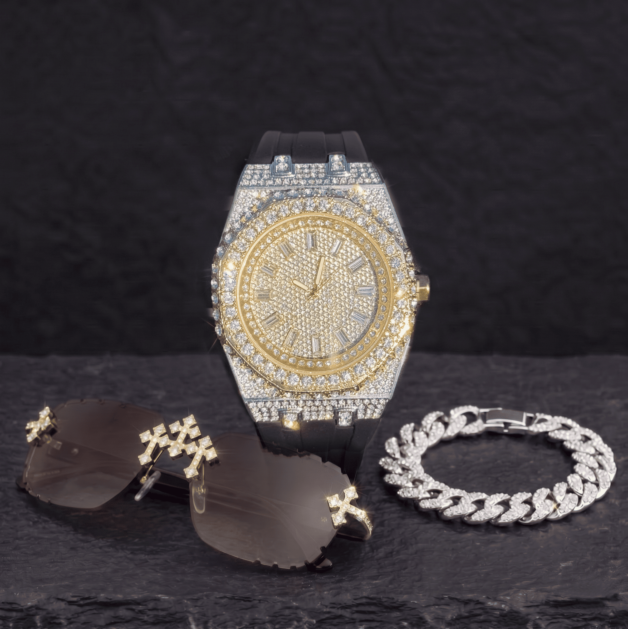 Men’s 43mm Iced Out Octagon Watch, Cuban Bracelet & Triple Cross Brown Lens Sunglasses Set