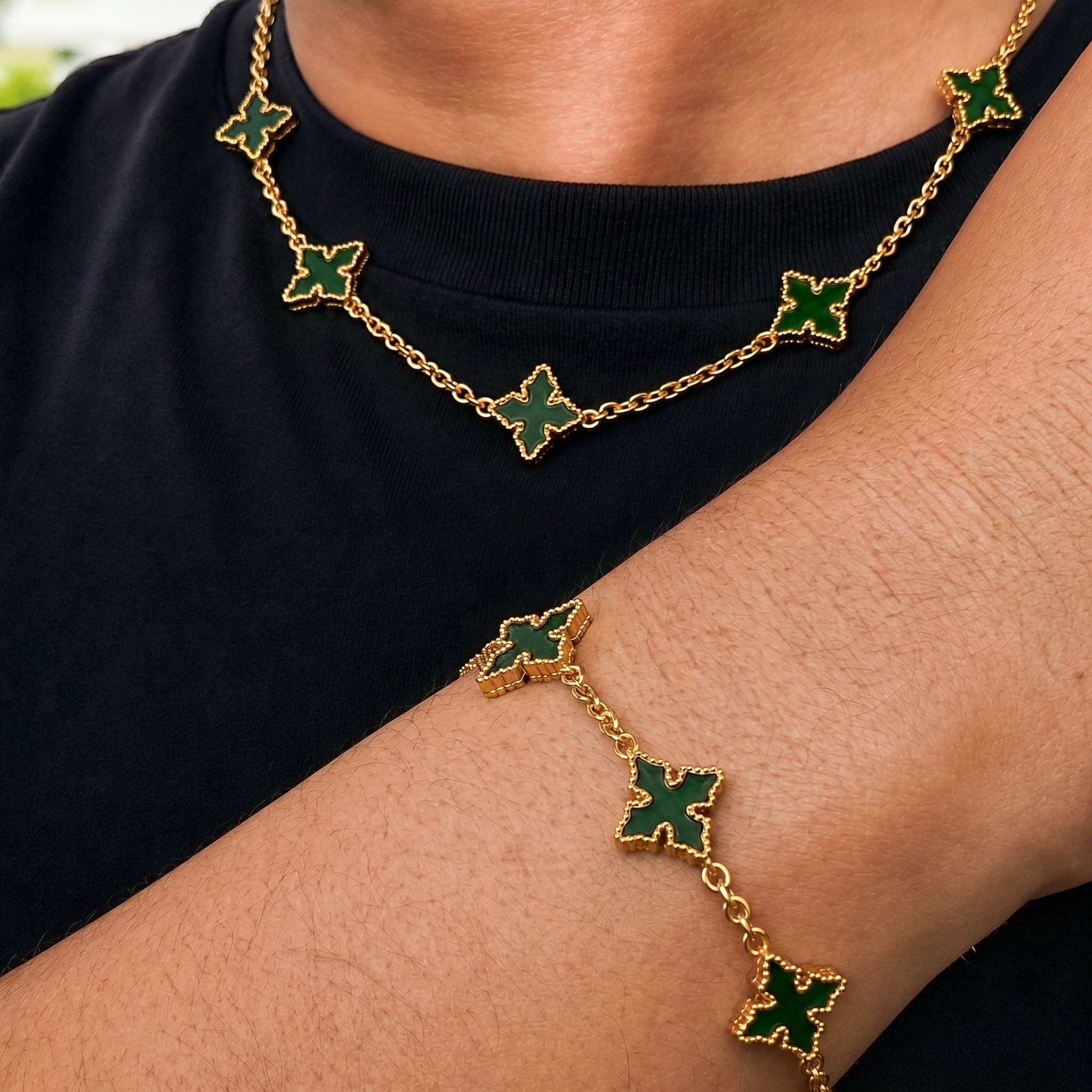 Men's Chrome Inspired 2-Piece Multi-Cross Necklace & Bracelet Set - Double-sided Charms