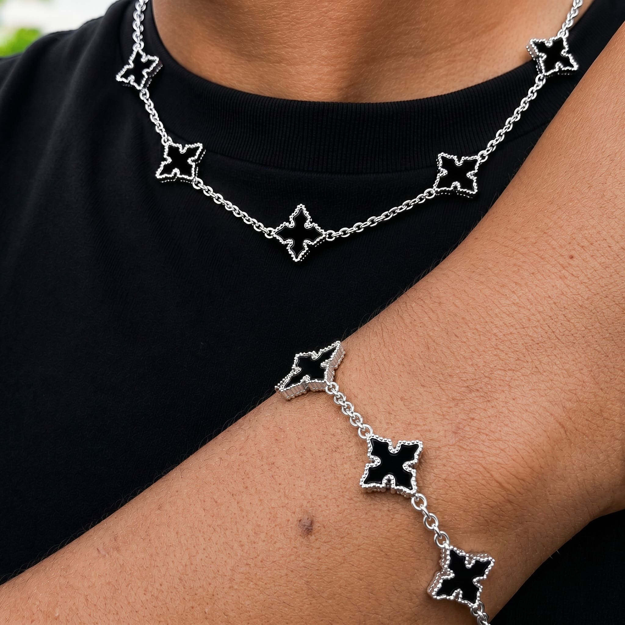 Men's Chrome Inspired 2-Piece Multi-Cross Necklace & Bracelet Set - Double-sided Charms