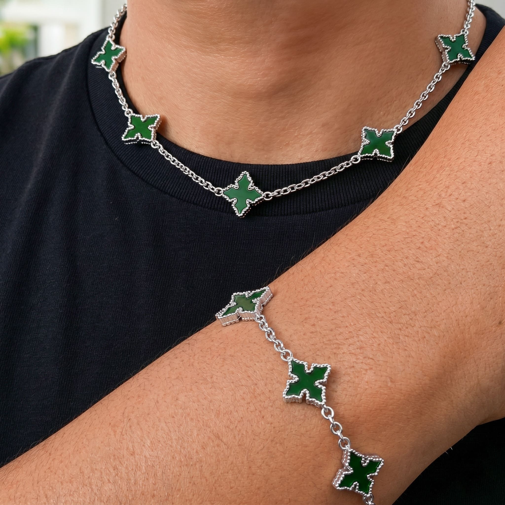 Men's Chrome Inspired 2-Piece Multi-Cross Necklace & Bracelet Set - Double-sided Charms