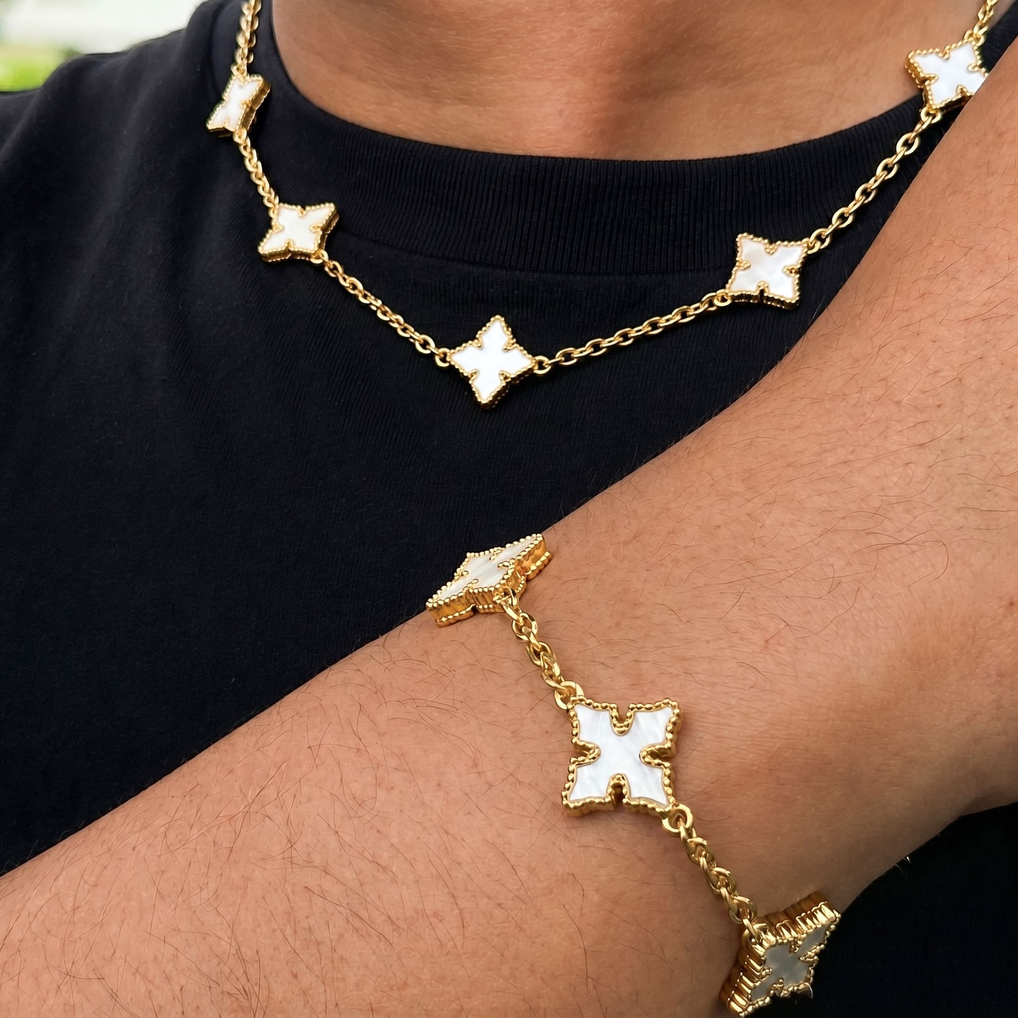 Men's Chrome Inspired 2-Piece Multi-Cross Necklace & Bracelet Set - Double-sided Charms