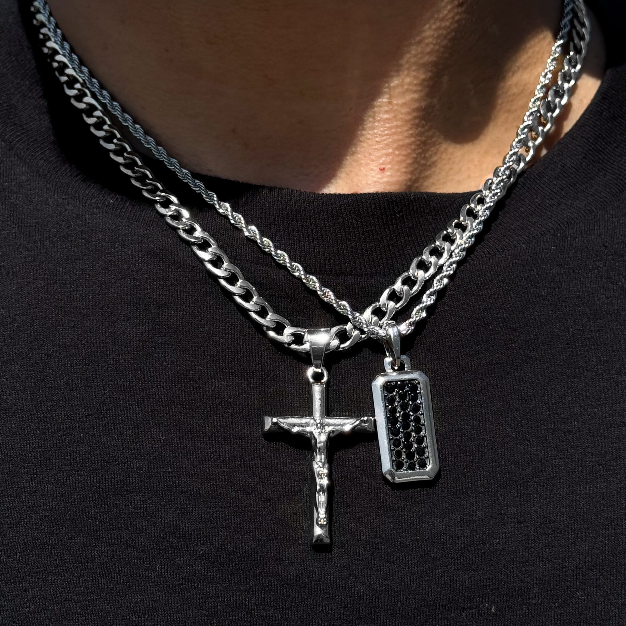 Men's 2-Piece Necklace Set with Double Pendants - Amulet & Jesus Cross Pendants