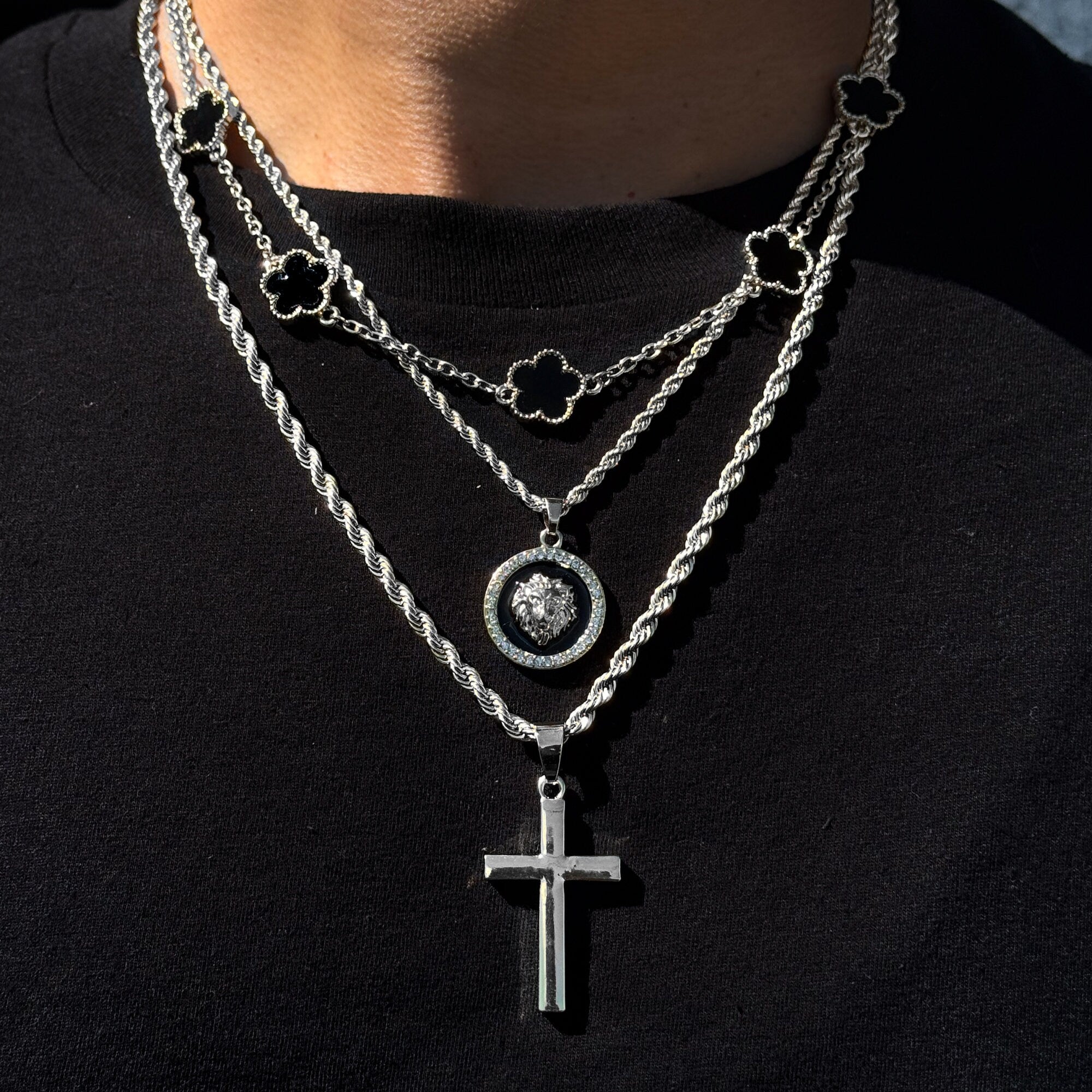 Men's Iced Out Lion & Cross Pendant Set with Clover Chain - 3 Piece Classic Hip Hop Jewelry Gift
