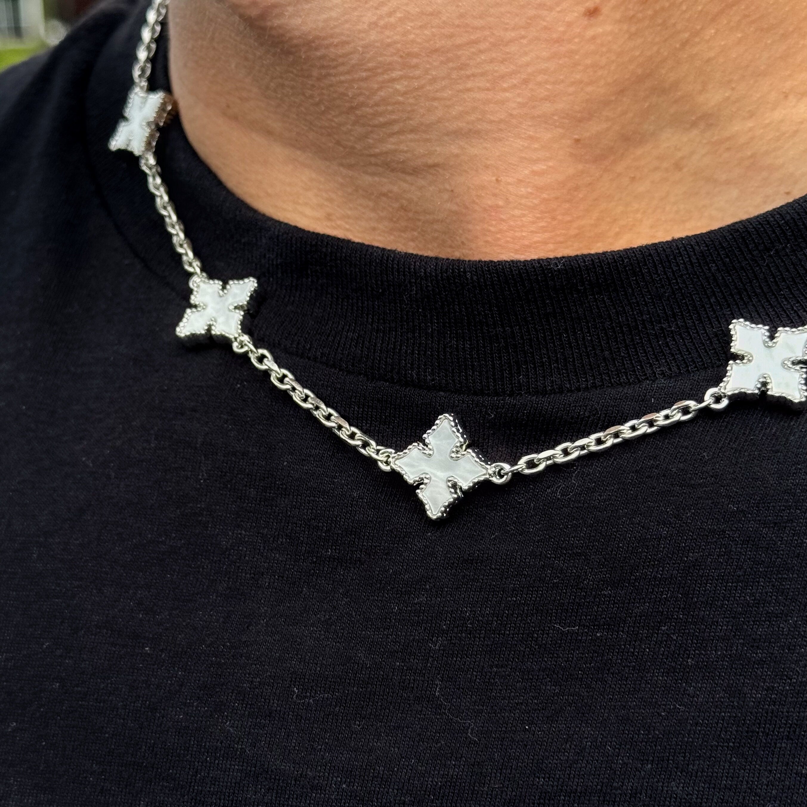 Chrome Inspired Dual-Sided Multi Cross Necklace in Mother of Pearl Finish