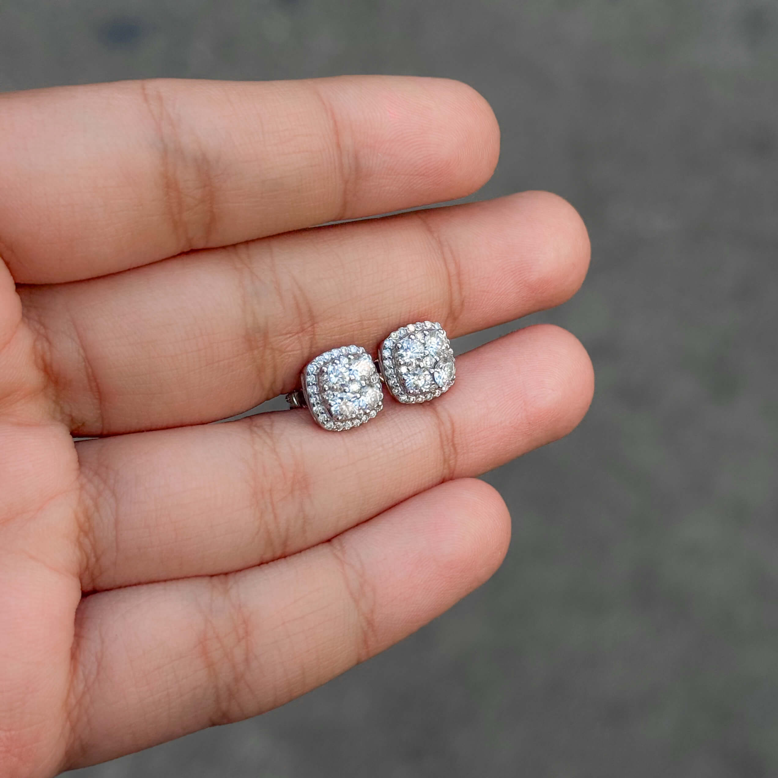 9mm Square Moissanite Cluster Earrings, 2.31ct Diamond Studs in White Gold