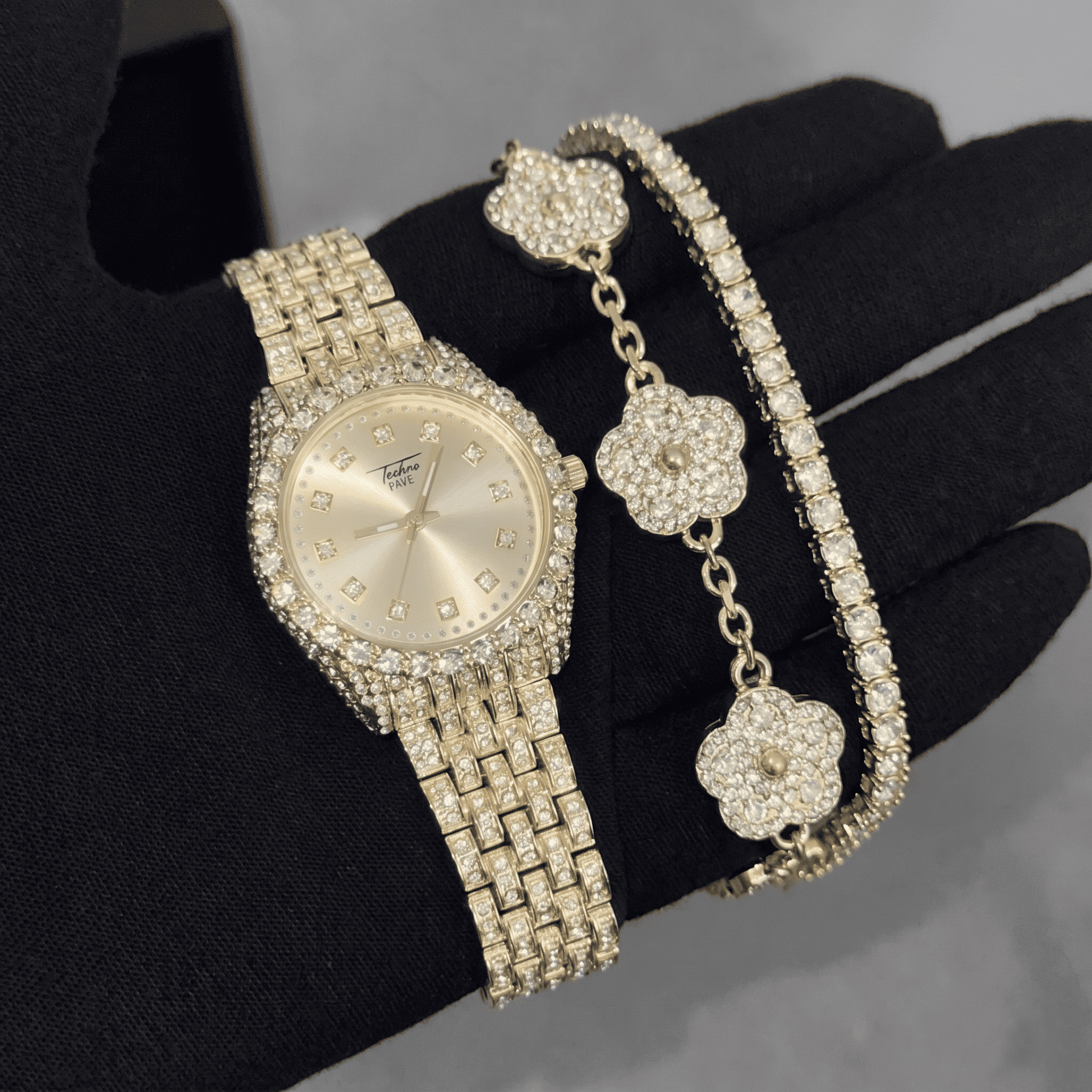 Women’s 32mm Iced-Out Watch with Tennis & Clover Link Bracelet Set