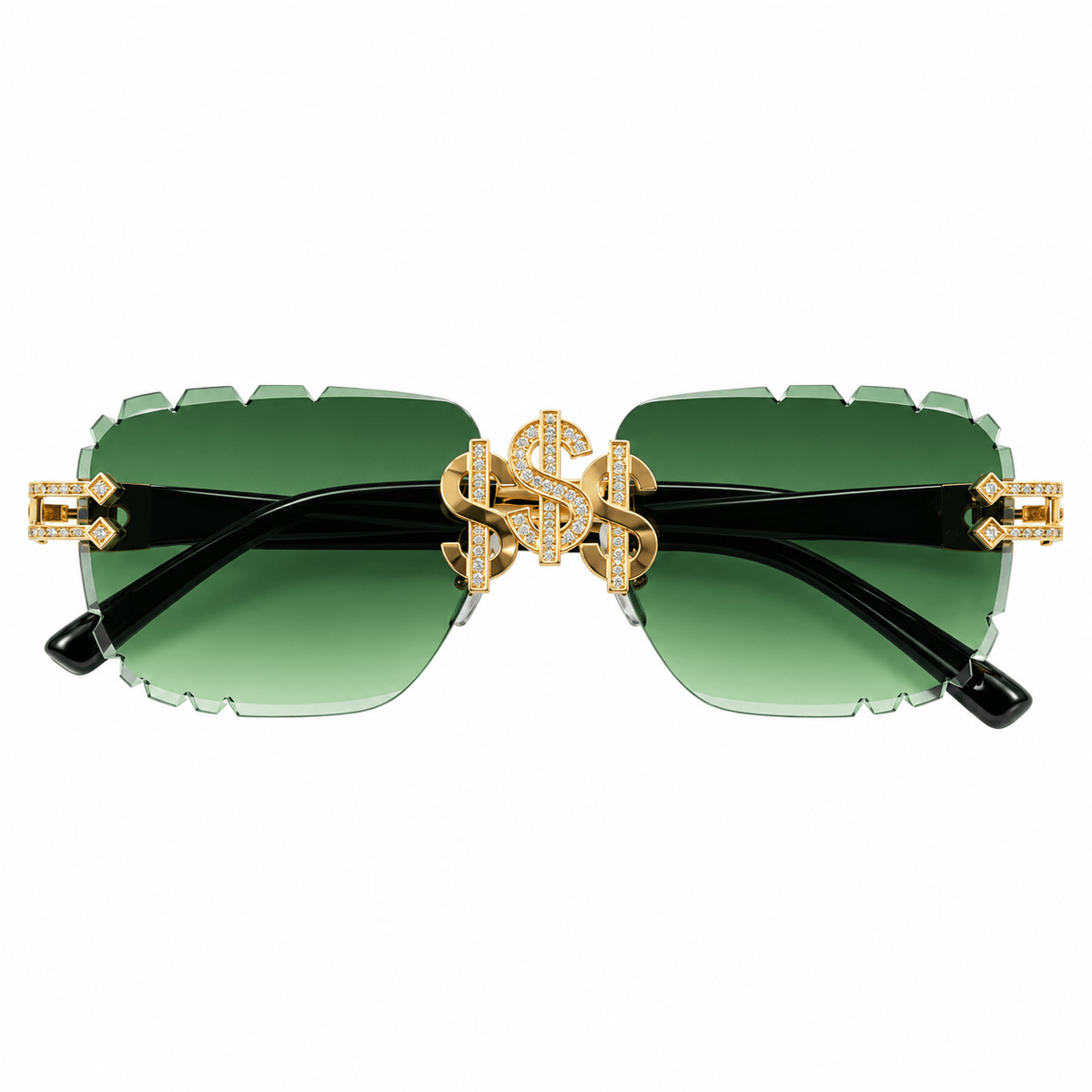 Iced Triple Dollar Sign Sunglasses - Green Lens
