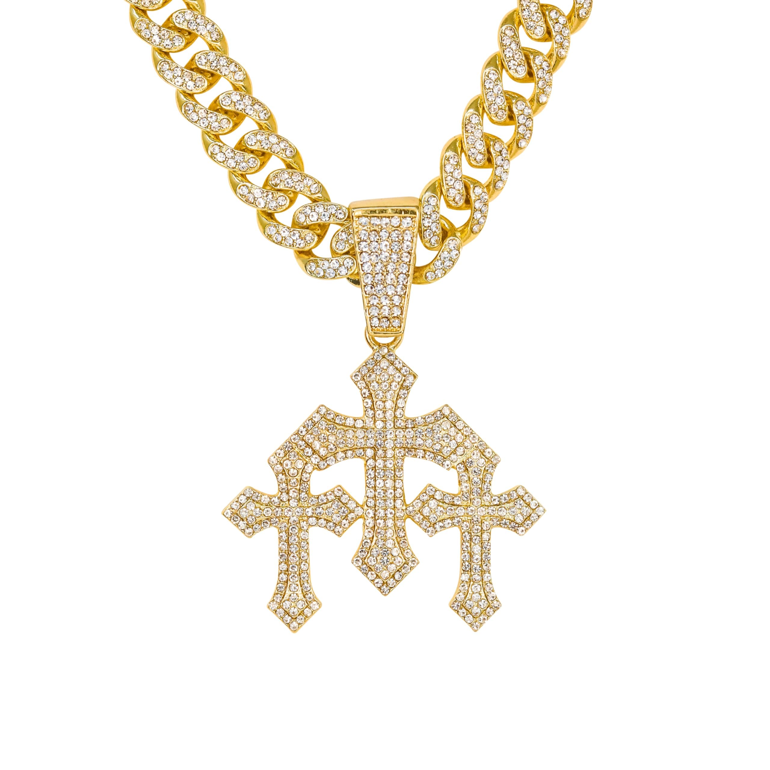 Large 52mm Iced Out Triple Cross Pendant with Cuban Chain