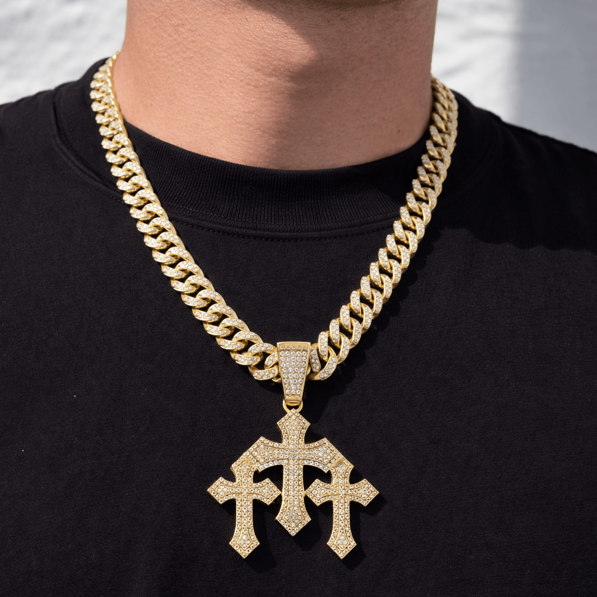 Large 52mm Iced Out Triple Cross Pendant with Cuban Chain