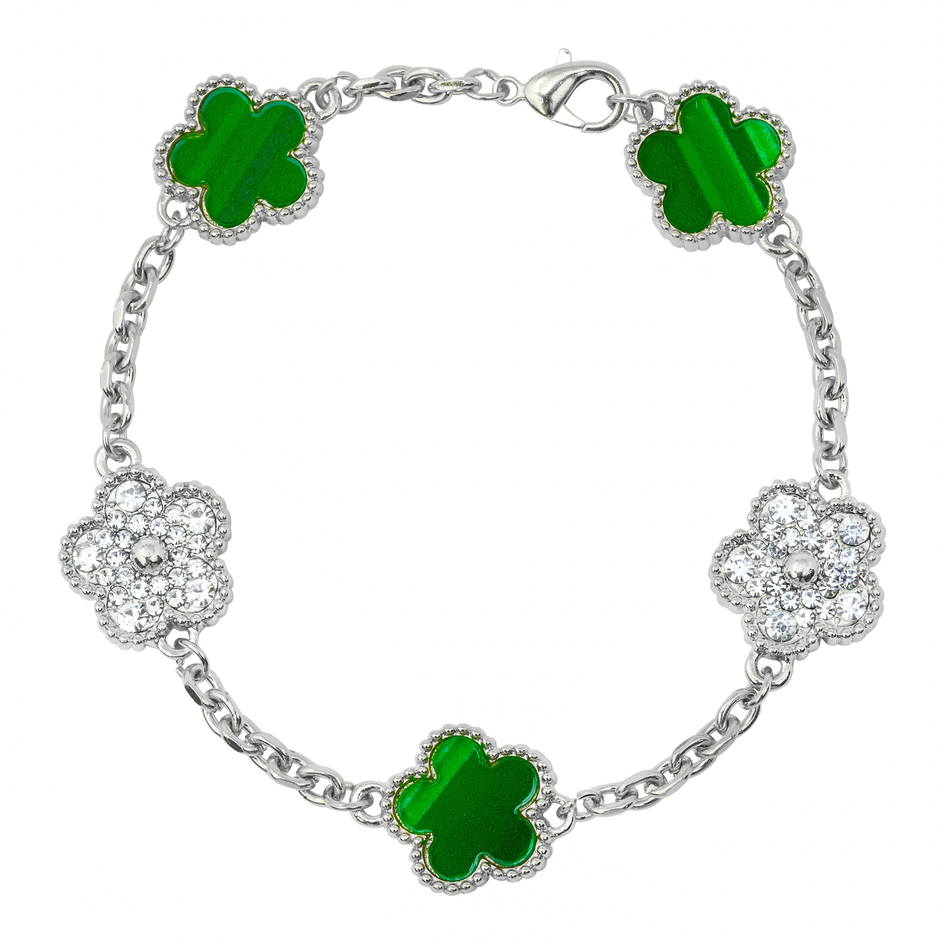 Men's Silver Iced Out 15mm Iced 5-Leaf Clover Link Chain Bracelet - Double Sided Pattern
