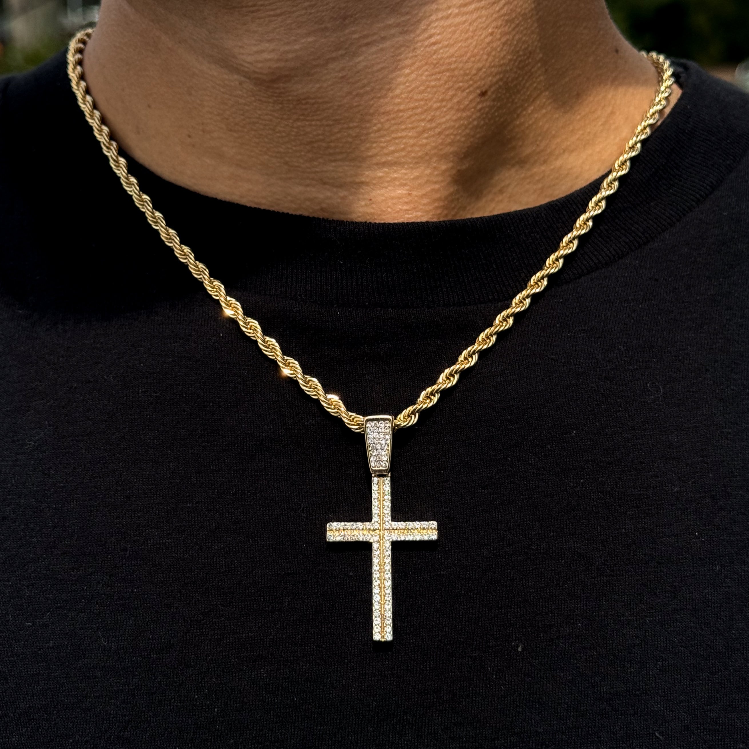 Men's Medium Iced Cross Pendant with 4mm Rope Necklace