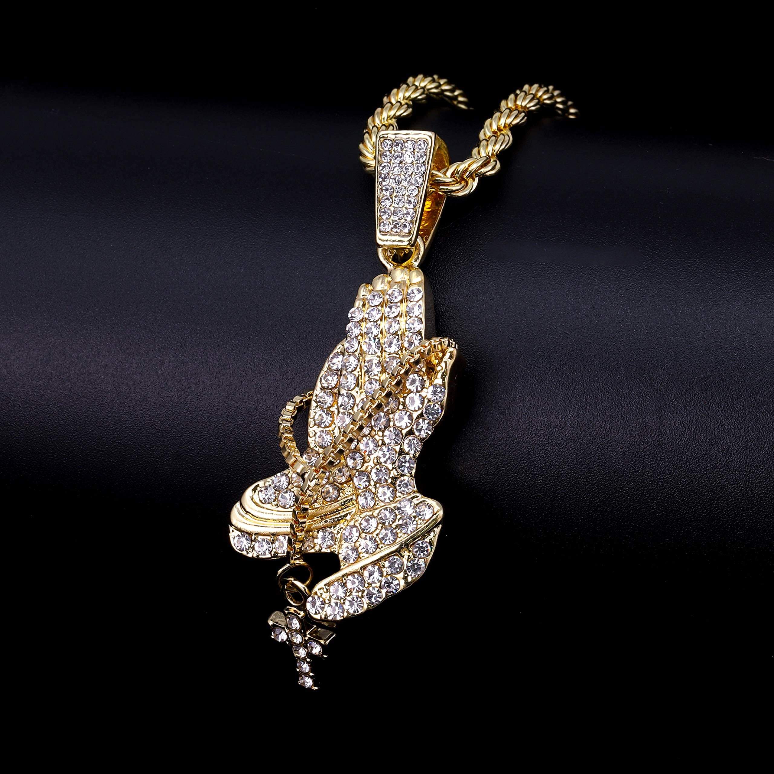 Medium Iced Out Praying Hands Pendant with Rope Chain