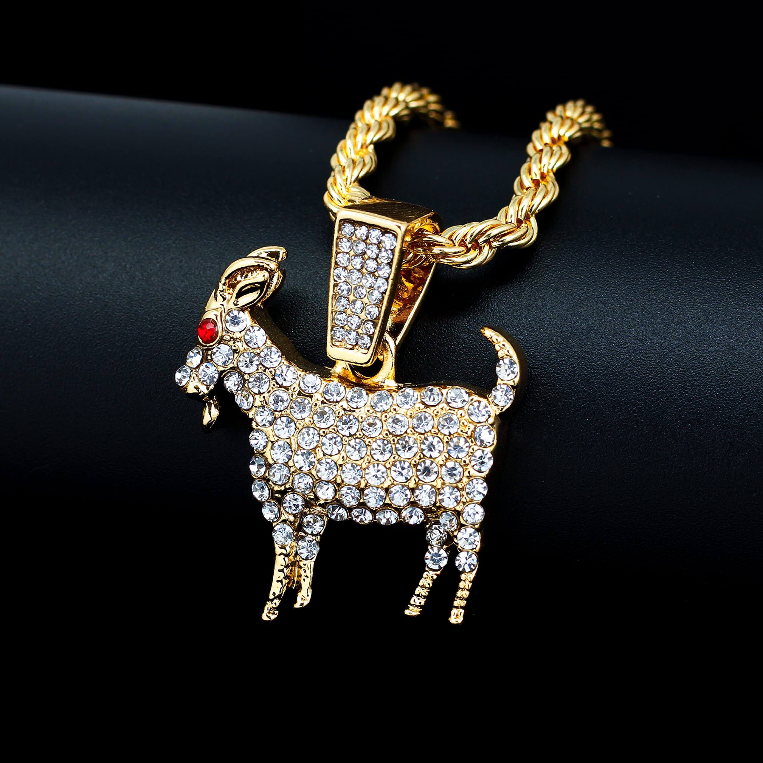 Men's Iced Out Medium Goat Pendant Necklace Set with Cuban Link & Tennis Chains