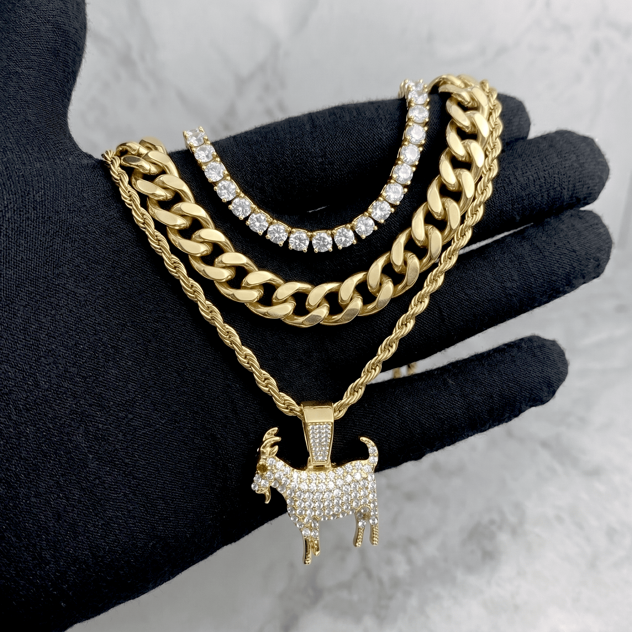 Men's Iced Out Medium Goat Pendant Necklace Set with Cuban Link & Tennis Chains