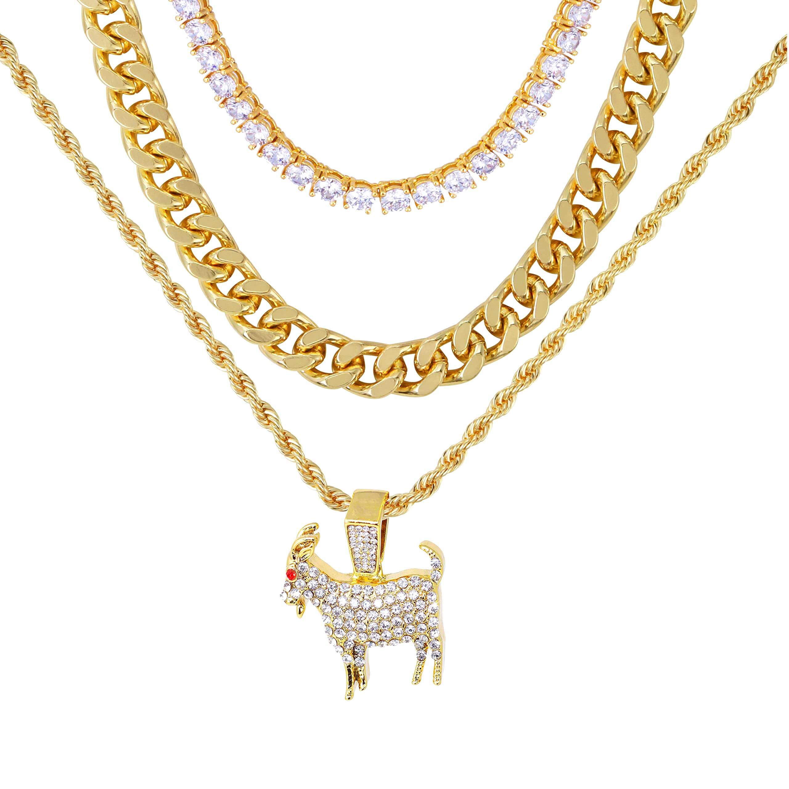 Men's Iced Out Medium Goat Pendant Necklace Set with Cuban Link & Tennis Chains